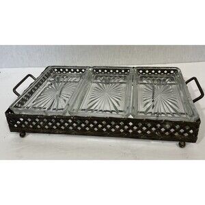 Vintage Relish Tray Silver Plated Stand 3 Glass removeable glass trays